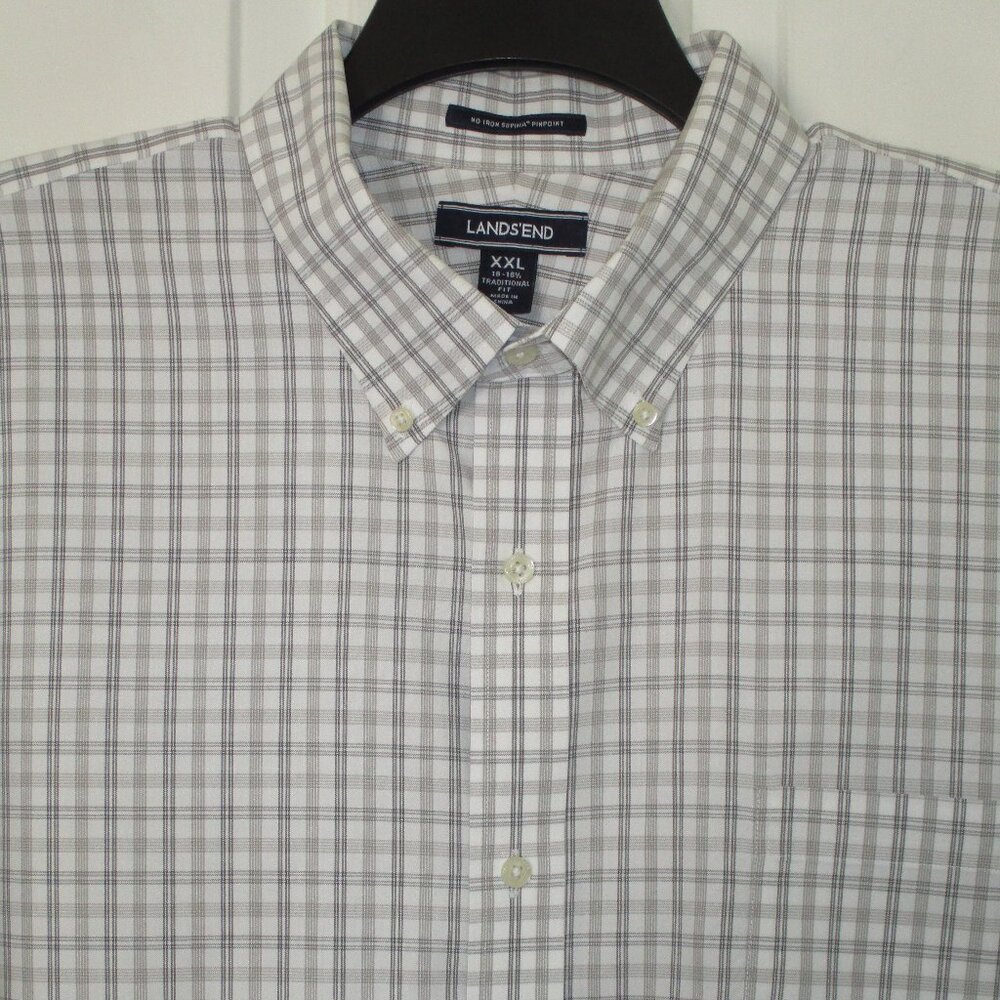 Lands' End Mens L/S White Gray Cotton Button Down Dress Shirt NWOT-18/36-37 XXL